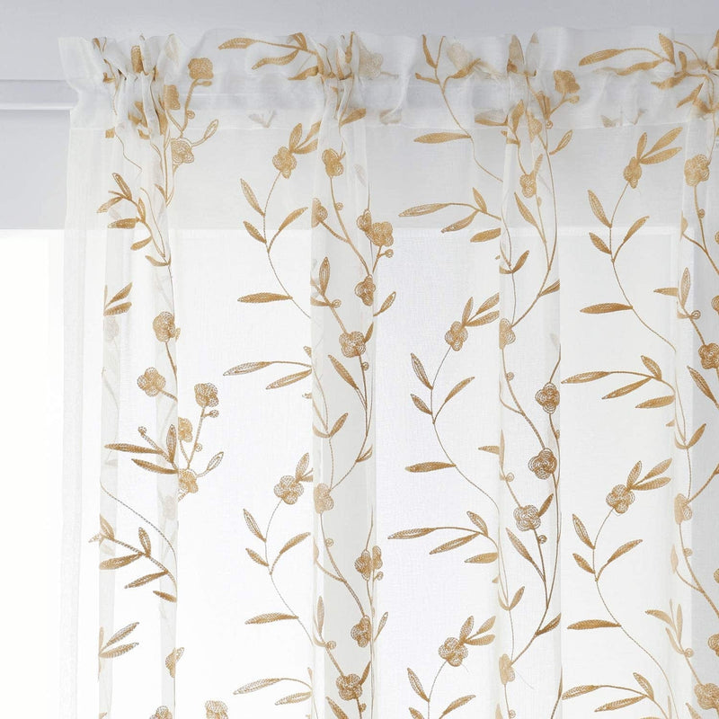 Beige Sheer Curtains Embroidery 63 Inch Length Rod Pocket Voile Drapes for Living Room, Bedroom, Window Treatments Semi Flower Pattern Curtain Panels for Kitchen, Yard, Farmhouse, Set of 2, 52"X 63". Home & Garden > Decor > Window Treatments > Curtains & Drapes MYSTIC-HOME   