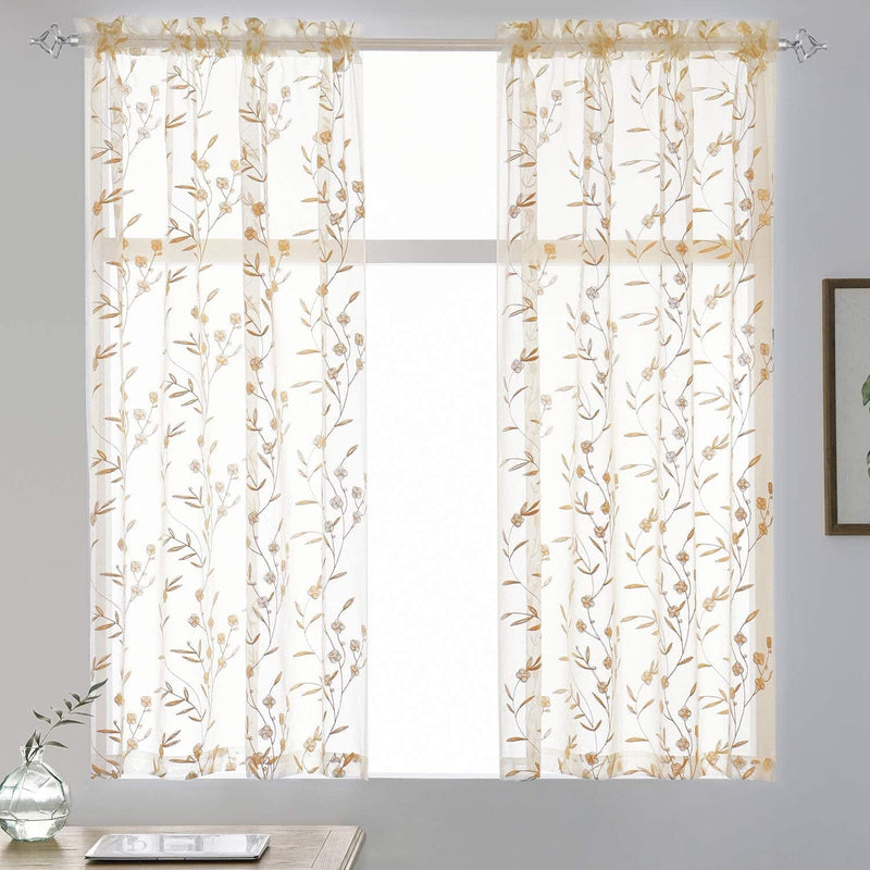 Beige Sheer Curtains Embroidery 63 Inch Length Rod Pocket Voile Drapes for Living Room, Bedroom, Window Treatments Semi Flower Pattern Curtain Panels for Kitchen, Yard, Farmhouse, Set of 2, 52"X 63". Home & Garden > Decor > Window Treatments > Curtains & Drapes MYSTIC-HOME Floral Beige 52"Wx45"L 