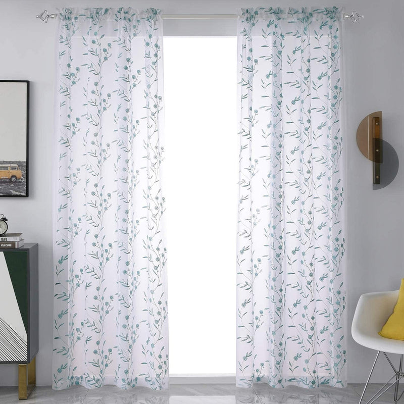 Beige Sheer Curtains Embroidery 63 Inch Length Rod Pocket Voile Drapes for Living Room, Bedroom, Window Treatments Semi Flower Pattern Curtain Panels for Kitchen, Yard, Farmhouse, Set of 2, 52"X 63". Home & Garden > Decor > Window Treatments > Curtains & Drapes MYSTIC-HOME Floral Blue 52"Wx95"L 