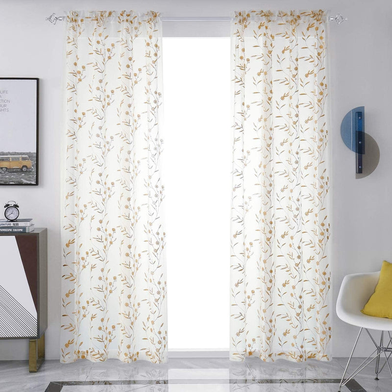 Beige Sheer Curtains Embroidery 63 Inch Length Rod Pocket Voile Drapes for Living Room, Bedroom, Window Treatments Semi Flower Pattern Curtain Panels for Kitchen, Yard, Farmhouse, Set of 2, 52"X 63". Home & Garden > Decor > Window Treatments > Curtains & Drapes MYSTIC-HOME Floral Beige 52"Wx95"L 