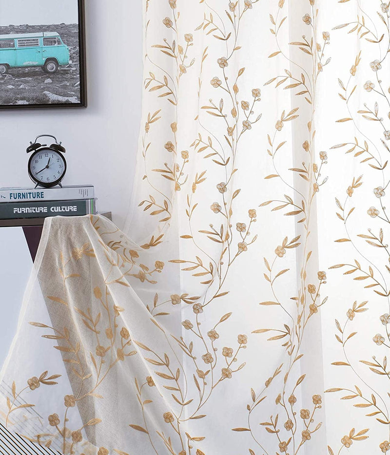 Beige Sheer Curtains Embroidery 63 Inch Length Rod Pocket Voile Drapes for Living Room, Bedroom, Window Treatments Semi Flower Pattern Curtain Panels for Kitchen, Yard, Farmhouse, Set of 2, 52"X 63". Home & Garden > Decor > Window Treatments > Curtains & Drapes MYSTIC-HOME Floral Beige 52"Wx84"L 