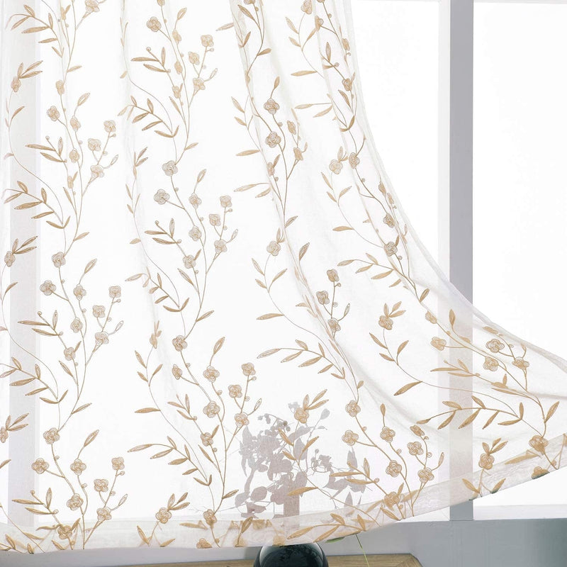 Beige Sheer Curtains Embroidery 63 Inch Length Rod Pocket Voile Drapes for Living Room, Bedroom, Window Treatments Semi Flower Pattern Curtain Panels for Kitchen, Yard, Farmhouse, Set of 2, 52"X 63". Home & Garden > Decor > Window Treatments > Curtains & Drapes MYSTIC-HOME Floral Beige 52"Wx63"L 