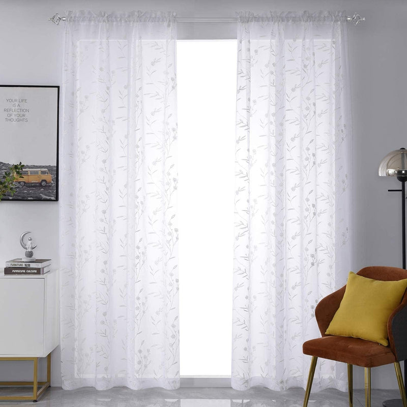 Beige Sheer Curtains Embroidery 63 Inch Length Rod Pocket Voile Drapes for Living Room, Bedroom, Window Treatments Semi Flower Pattern Curtain Panels for Kitchen, Yard, Farmhouse, Set of 2, 52"X 63". Home & Garden > Decor > Window Treatments > Curtains & Drapes MYSTIC-HOME Floral White 52"Wx84"L 