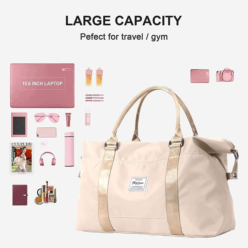 Beige Sport Travel Duffle Bag Large Gym Tote Bag for Women, Weekender Bag Carry on Bag for Airplane, Ladies Beach Bag Overnight Bag Luggage Bag with Wet Bag Hospital Bag for Labor and Delivery
