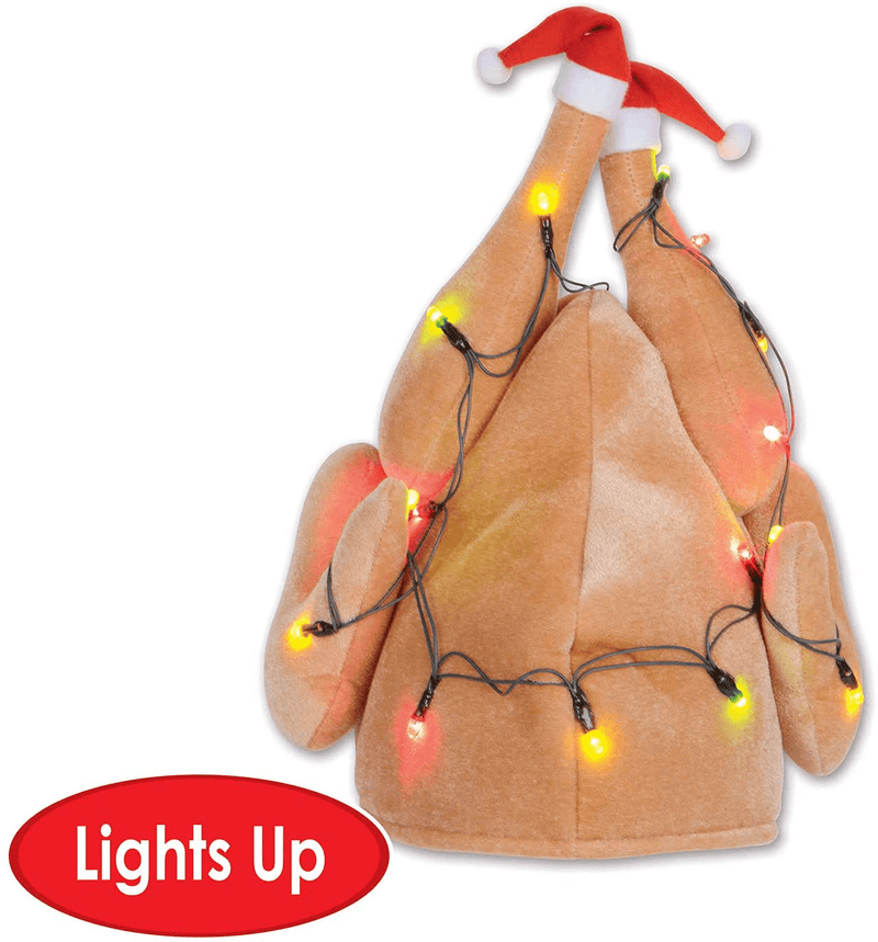 Beistle Soft Plush Fabric Light Up Christmas Theme Novelty Hat for Turkey Trot and Holiday Parties, One Size, Tan/Red/White/Green