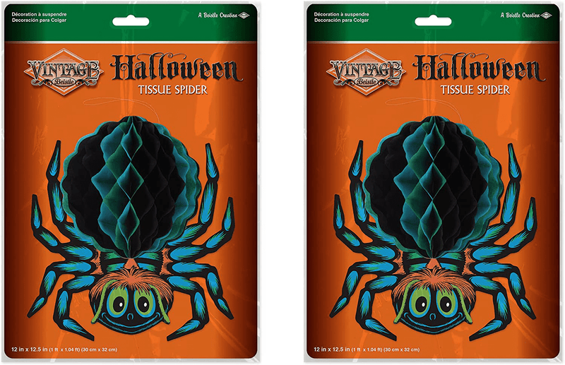 Beistle Tissue Spiders, 2 Piece Vintage Halloween Decorations, 12" x 12.5", Blue/Black/Brown/Green Arts & Entertainment > Party & Celebration > Party Supplies Beistle   