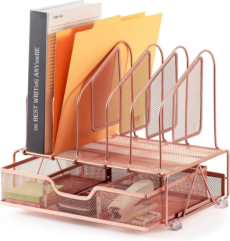 Beiz Desk Organizers and Accessories Storage with Drawer, Paper Tray and 5 Vertical File Folder Holders to Collect Office Supplies, Desktop Organizer for Workspace Home Office School, Black Home & Garden > Household Supplies > Storage & Organization Beiz Rose gold  