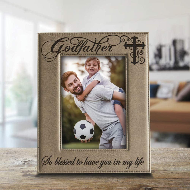BELLA BUSTA Godfather with Cross-So Blessed to Have You in My Life-Godfather Gift from Godchild Engraved Lather Picture Frame (5 X 7 Vertical) Home & Garden > Decor > Picture Frames BELLA BUSTA   