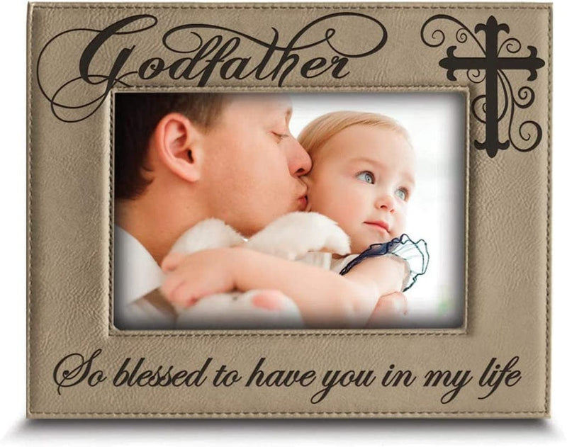 BELLA BUSTA Godfather with Cross-So Blessed to Have You in My Life-Godfather Gift from Godchild Engraved Lather Picture Frame (5 X 7 Vertical) Home & Garden > Decor > Picture Frames BELLA BUSTA 4 x 6 Horizontal  
