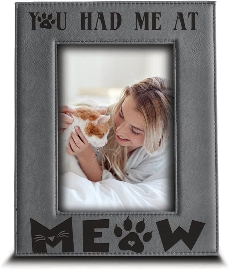 BELLA BUSTA- You Had Me at Meow- Cat Frame-Pet Frame-Engraved Leather Picture Frame(5 X 7 Vertical) Home & Garden > Decor > Picture Frames BELLA BUSTA 5 x 7 Vertical (Gray)  