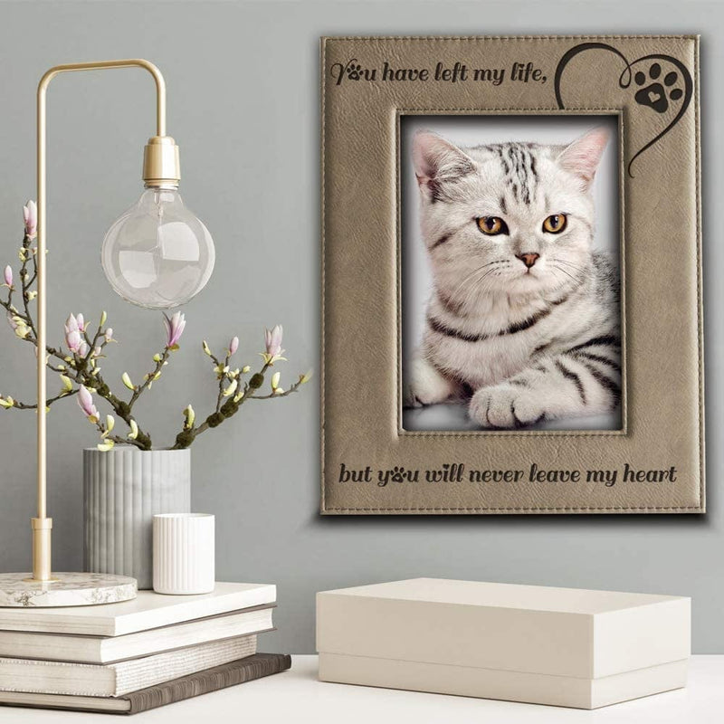 Bella Busta-You Have Left My Life, but You Will Never Leave My Heart-Memorial Gifts for Loss of Dog or Cat-Engraved Leather Picture Frame (4 X 6 Vertical) Home & Garden > Decor > Picture Frames BELLA BUSTA   