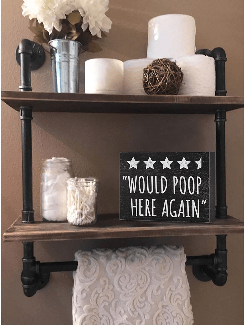 Bella Rosa Home Would Poop Here Again Bathroom Review Sign Funny - Half Bath Wall Decor or Guest Restroom Shelf Sitter 6x8 Wooden Box Plaque - Fun Novelty Humor Farmhouse Toilet Decoration