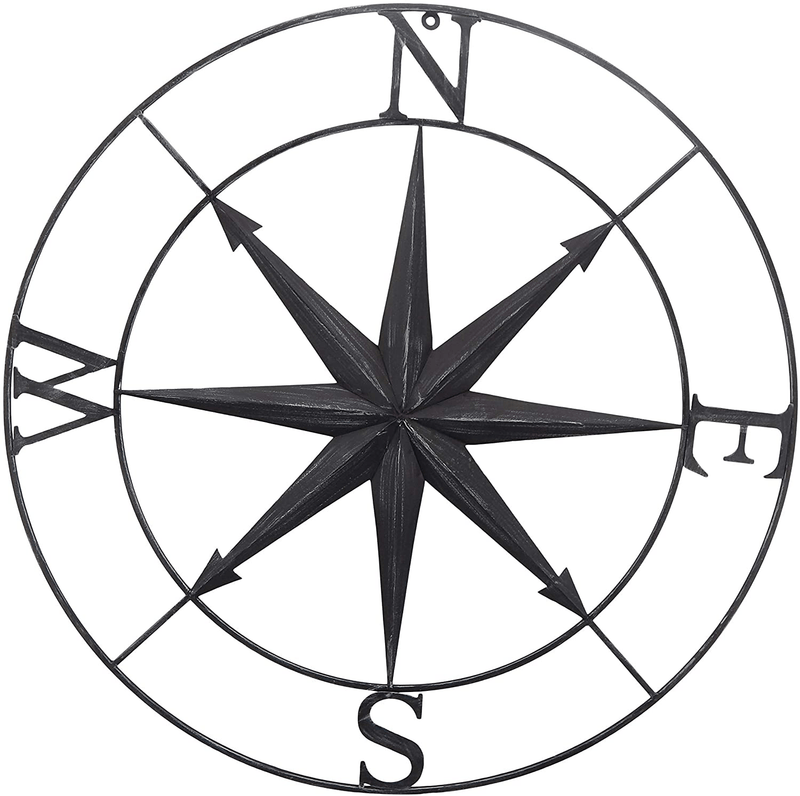 Bellaa 27451 Nautical Compass Star Metal Wall Decor Coastal Decorative Round Distressed Black 30 inch