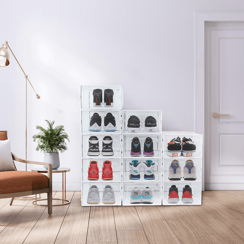 Bengenta 12 Packs Shoe Storage Boxes, Clear Plastic Stackable Shoe Organizer Bins,Front Opening Shoe Holder Containers (White) Furniture > Cabinets & Storage > Armoires & Wardrobes Bengenta   