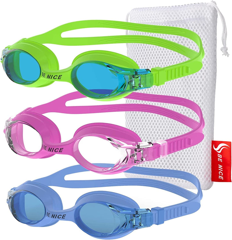 BENICE 3-Pack Kids Swim Goggles anti Fog Swimming Goggles Clear No Leaking for Child and Teens Sporting Goods > Outdoor Recreation > Boating & Water Sports > Swimming > Swim Goggles & Masks BENICE Green/Blue/Pink  
