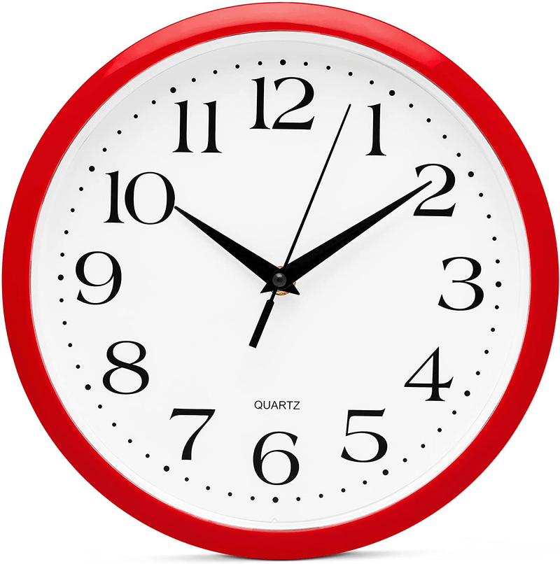 Bernhard Products Colorful Kids Wall Clock 10 Inch Silent Non Ticking Quality Quartz Battery Operated Wall Clocks, Easy to Read 3D Multi Colored Numbers Nursery Classroom Office Kitchen, White Frame Home & Garden > Decor > Clocks > Wall Clocks Bernhard Products 10 Inch Red  