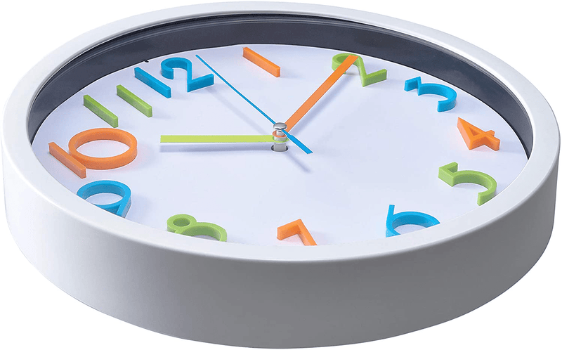 Bernhard Products Colorful Kids Wall Clock 10 Inch Silent Non Ticking Quality Quartz Battery Operated Wall Clocks, Easy to Read 3D Multi Colored Numbers Nursery Classroom Office Kitchen, White Frame Home & Garden > Decor > Clocks > Wall Clocks Bernhard Products   