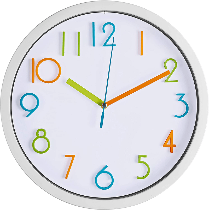 Bernhard Products Colorful Kids Wall Clock 10 Inch Silent Non Ticking Quality Quartz Battery Operated Wall Clocks, Easy to Read 3D Multi Colored Numbers Nursery Classroom Office Kitchen, White Frame Home & Garden > Decor > Clocks > Wall Clocks Bernhard Products 10 Inch Colorful  