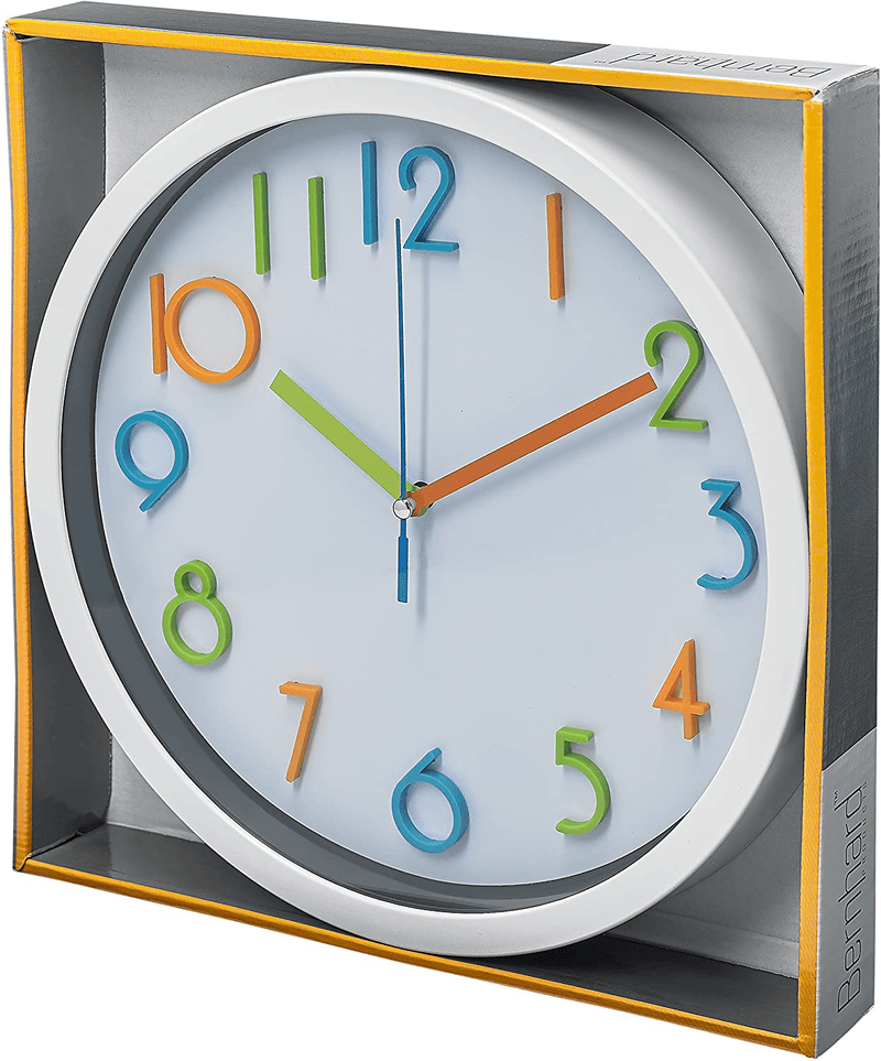 Bernhard Products Colorful Kids Wall Clock 10 Inch Silent Non Ticking Quality Quartz Battery Operated Wall Clocks, Easy to Read 3D Multi Colored Numbers Nursery Classroom Office Kitchen, White Frame Home & Garden > Decor > Clocks > Wall Clocks Bernhard Products   
