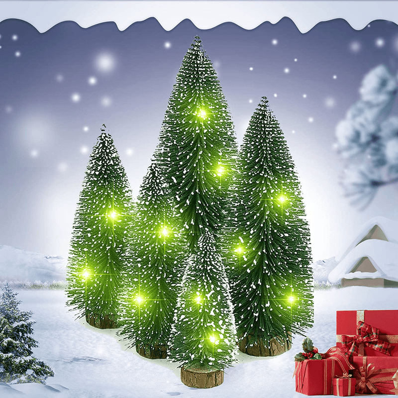 BerniceKelly 5 Pcs Mini Cedar Christmas Tree, Bottle Brush Tree Small Artificial Trees Tabletop Trees with Wooden Bases and LED Fairy String Light for Christmas Party Home Decoration Colored Lights Home & Garden > Decor > Seasonal & Holiday Decorations > Christmas Tree Stands BerniceKelly Warm Light  