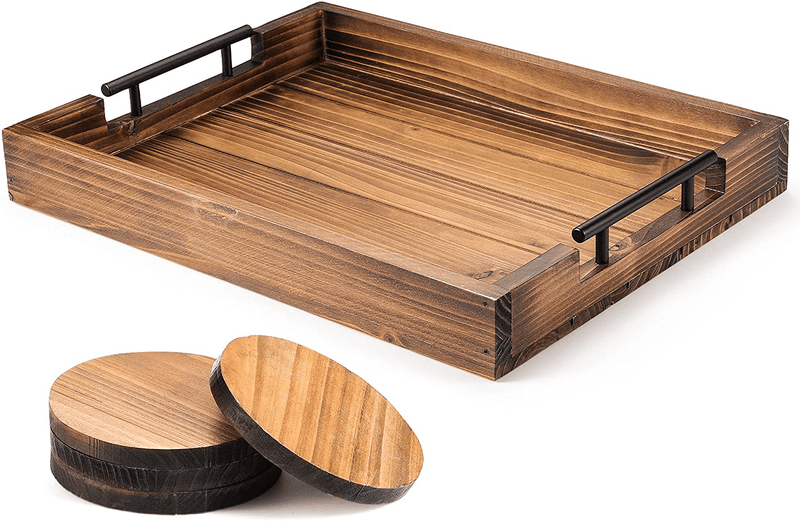 Berry Store Ottoman Tray with Handle for Living Room – Set of 4 Natural Wooden Coasters – Rustic Serving Tray for Coffee Table – Kitchen Tray with Handles – Decorative Breakfast in Bed Tray