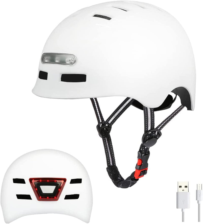 Besmall Adult Bicycle Helmet with Rechargeable USB Front & Back LED Light/Thick EPS Foam,Bike Helmet for Urban Commuter Men Women,Adjustable Lightweight Cycling Helmet with Bag Sporting Goods > Outdoor Recreation > Cycling > Cycling Apparel & Accessories > Bicycle Helmets Besmall White  