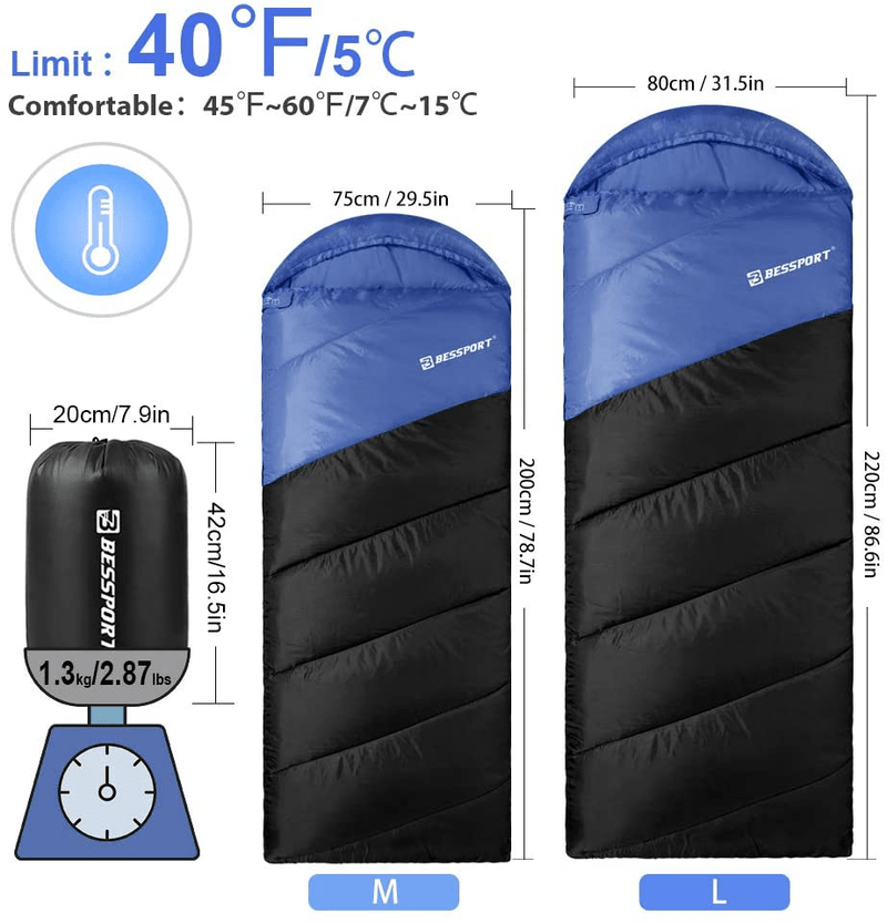 Bessport Camping Sleeping Bag - 3 Season 40℉/5℃ Lightweight Sleeping Bag Water Repellent Backpacking Sleeping Bag for Camping Backpacking Hiking