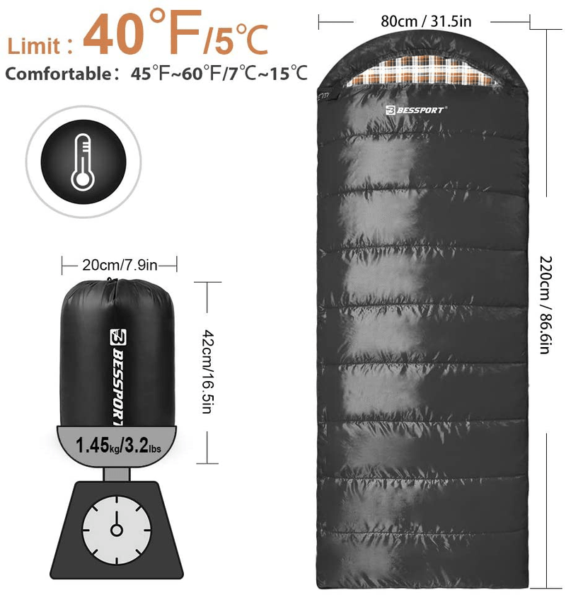 Bessport Sleeping Bag for Adults, 40℉ Winter Warm & Cold Weather 3-4 Season Sleeping Bag, Lightweight and Water Repellent for Backpacking, Camping, Hiking