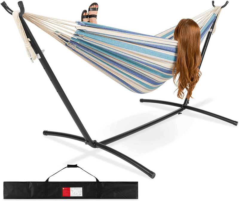 Best Choice Products 2-Person Indoor Outdoor Brazilian-Style Cotton Double Hammock Bed w/Carrying Bag, Steel Stand, Ocean Home & Garden > Lawn & Garden > Outdoor Living > Hammocks Best Choice Products Ocean  