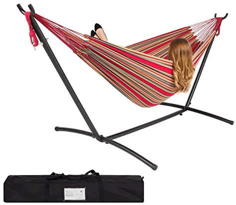 Best Choice Products 2-Person Indoor Outdoor Brazilian-Style Cotton Double Hammock Bed w/Carrying Bag, Steel Stand, Ocean Home & Garden > Lawn & Garden > Outdoor Living > Hammocks Best Choice Products Red Stripe  
