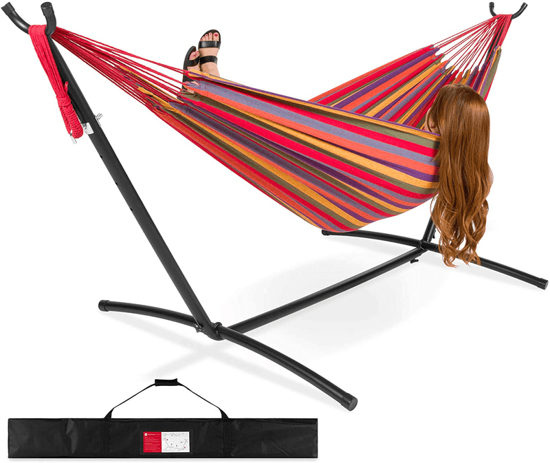 Best Choice Products 2-Person Indoor Outdoor Brazilian-Style Cotton Double Hammock Bed w/Carrying Bag, Steel Stand, Ocean Home & Garden > Lawn & Garden > Outdoor Living > Hammocks Best Choice Products Rainbow  