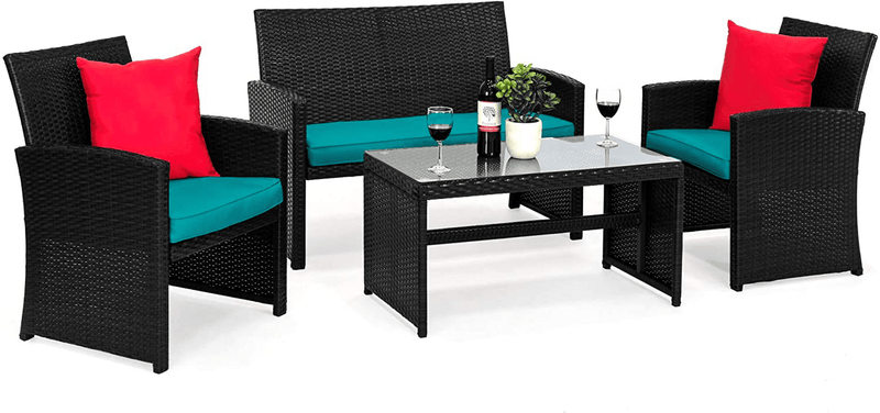 Best Choice Products 4-Piece Wicker Patio Conversation Furniture Set W/ 4 Seats, Tempered Glass Tabletop - Black Wicker/Teal Cushions