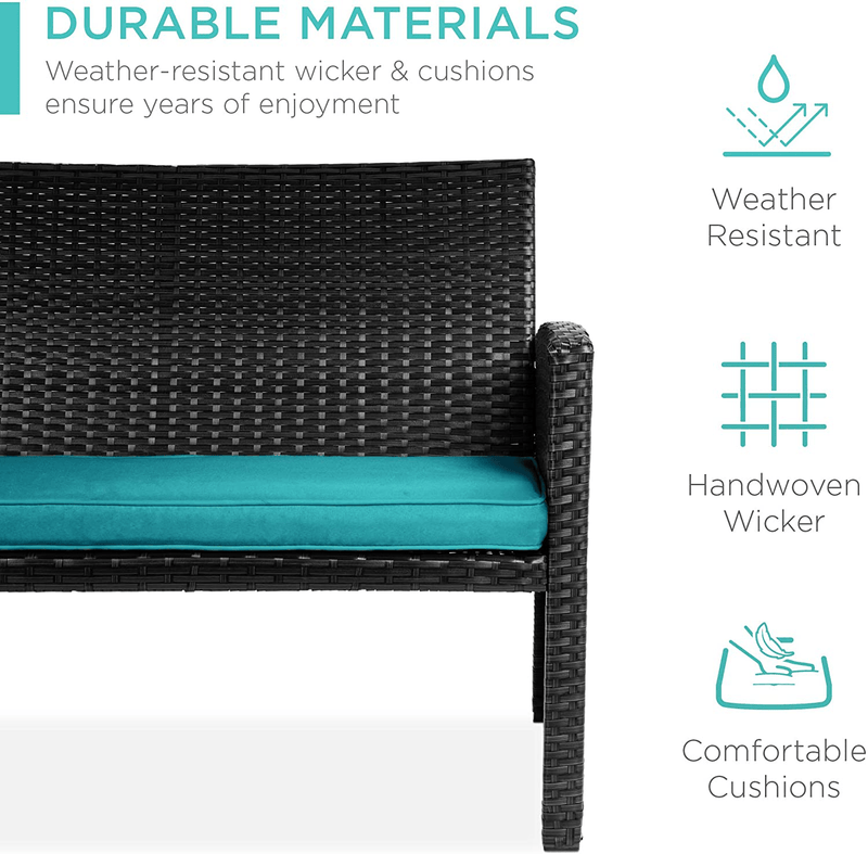 Best Choice Products 4-Piece Wicker Patio Conversation Furniture Set W/ 4 Seats, Tempered Glass Tabletop - Black Wicker/Teal Cushions