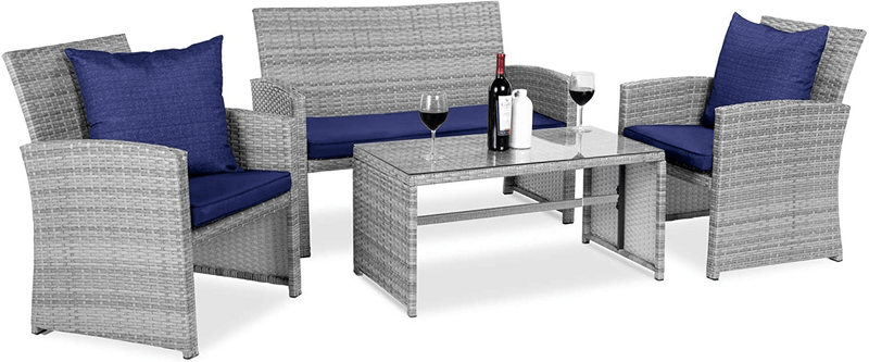 Best Choice Products 4-Piece Wicker Patio Conversation Furniture Set W/ 4 Seats, Tempered Glass Tabletop - Black Wicker/Teal Cushions Sporting Goods > Outdoor Recreation > Camping & Hiking > Camp Furniture Best Choice Products Gray/Navy  