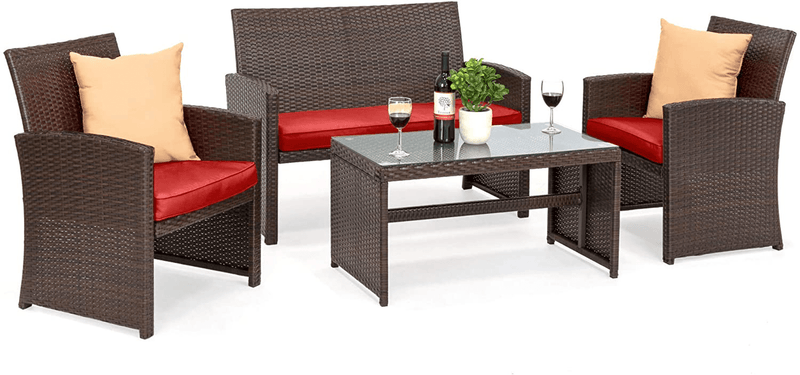 Best Choice Products 4-Piece Wicker Patio Conversation Furniture Set W/ 4 Seats, Tempered Glass Tabletop - Black Wicker/Teal Cushions Sporting Goods > Outdoor Recreation > Camping & Hiking > Camp Furniture Best Choice Products Brown/Red  