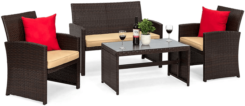 Best Choice Products 4-Piece Wicker Patio Conversation Furniture Set W/ 4 Seats, Tempered Glass Tabletop - Black Wicker/Teal Cushions Sporting Goods > Outdoor Recreation > Camping & Hiking > Camp Furniture Best Choice Products Brown/Beige  