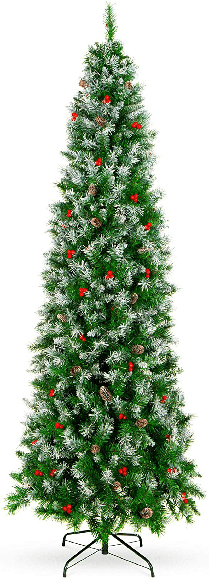 Best Choice Products 6ft Pre-Decorated Pine Hinged Artificial Slim Christmas Pencil Tree w/ 618 Flocked Frosted Tips, 30 Pine Cones, 34 Berries, Metal Base Home & Garden > Decor > Seasonal & Holiday Decorations > Christmas Tree Stands Best Choice Products 6ft  
