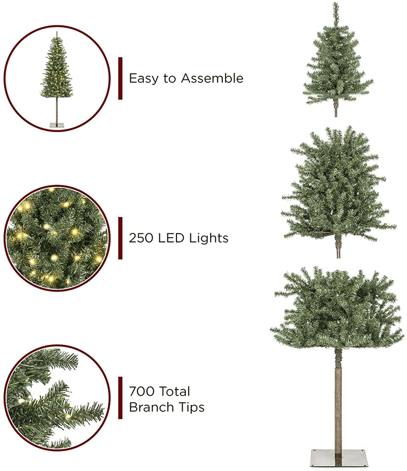Best Choice Products 6ft Pre-Lit Hinged Artificial Alpine Slim Pencil Christmas Tree Holiday Decoration w/ 250 LED Lights, 700 Tips, Metal Stand
