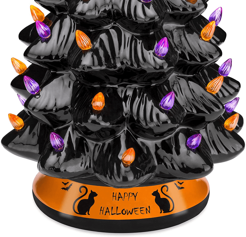 Best Choice Products Pre-Lit 15in Ceramic Tabletop Halloween Tree Holiday Decoration w/Orange & Purple Bulb Lights