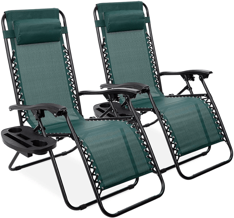 Best Choice Products Set of 2 Adjustable Steel Mesh Zero Gravity Lounge Chair Recliners W/Pillows and Cup Holder Trays, Beige