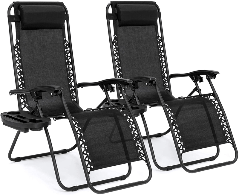 Best Choice Products Set of 2 Adjustable Steel Mesh Zero Gravity Lounge Chair Recliners W/Pillows and Cup Holder Trays, Beige Sporting Goods > Outdoor Recreation > Camping & Hiking > Camp Furniture Best Choice Products Black  