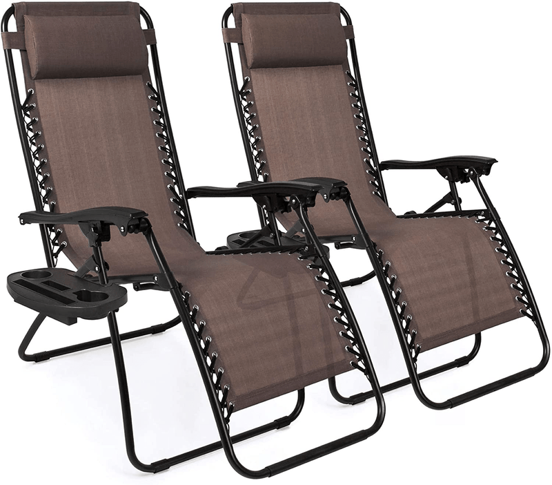 Best Choice Products Set of 2 Adjustable Steel Mesh Zero Gravity Lounge Chair Recliners W/Pillows and Cup Holder Trays, Beige