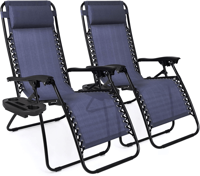 Best Choice Products Set of 2 Adjustable Steel Mesh Zero Gravity Lounge Chair Recliners W/Pillows and Cup Holder Trays, Blue Sporting Goods > Outdoor Recreation > Camping & Hiking > Camp Furniture Best Choice Products Blue  