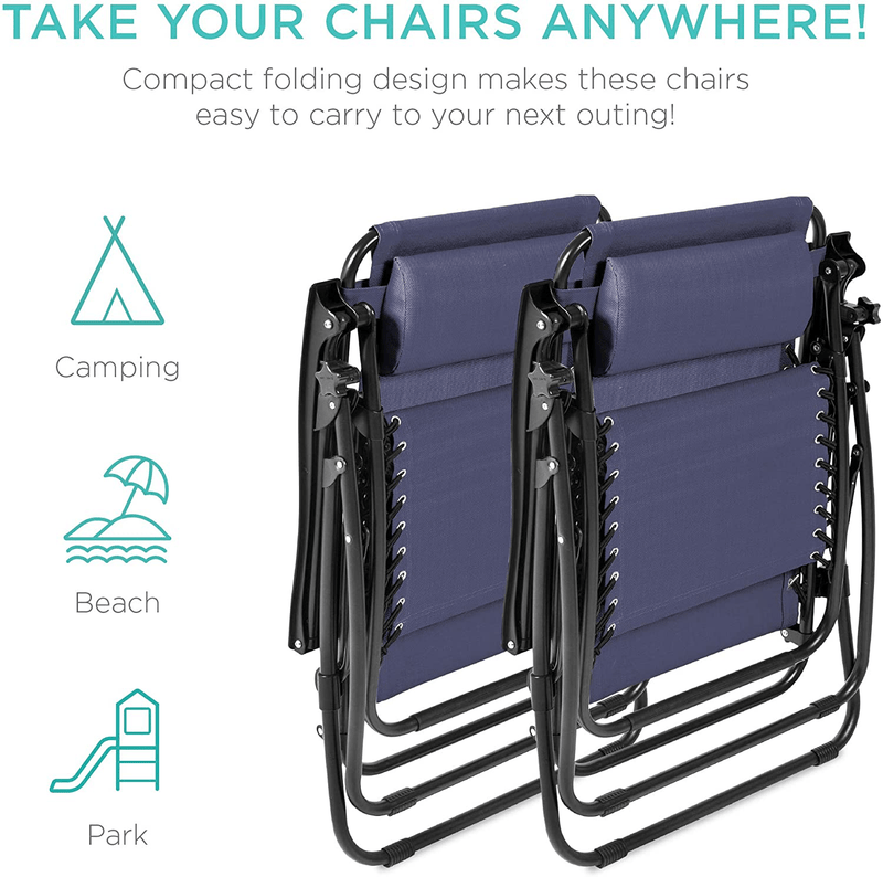 Best Choice Products Set of 2 Adjustable Steel Mesh Zero Gravity Lounge Chair Recliners W/Pillows and Cup Holder Trays, Blue Sporting Goods > Outdoor Recreation > Camping & Hiking > Camp Furniture Best Choice Products   