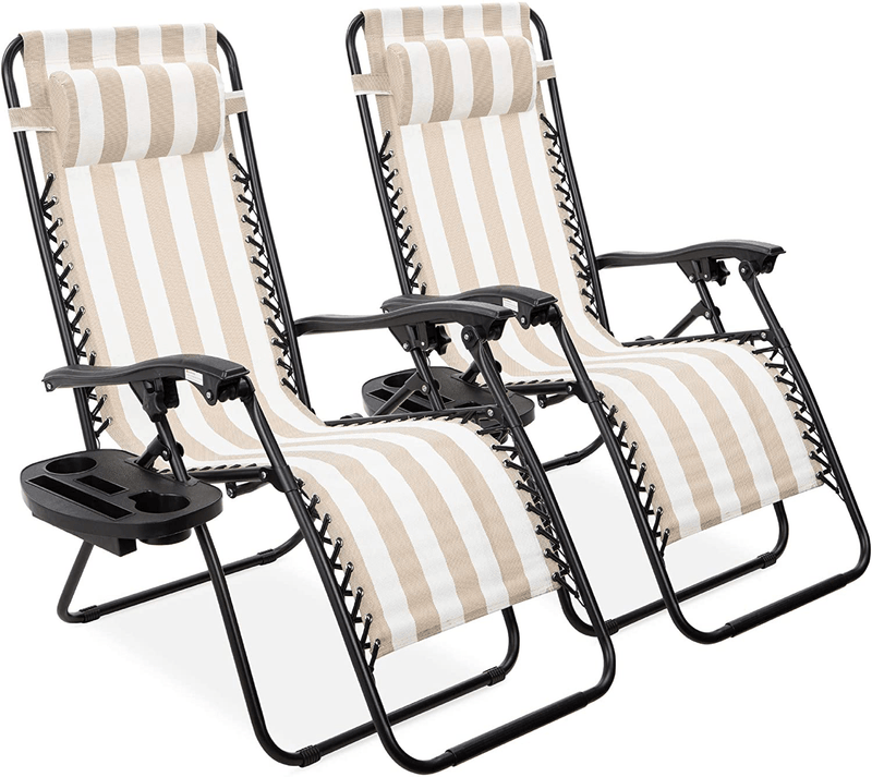 Best Choice Products Set of 2 Adjustable Steel Mesh Zero Gravity Lounge Chair Recliners W/Pillows and Cup Holder Trays, Blue Sporting Goods > Outdoor Recreation > Camping & Hiking > Camp Furniture Best Choice Products Tan Striped  