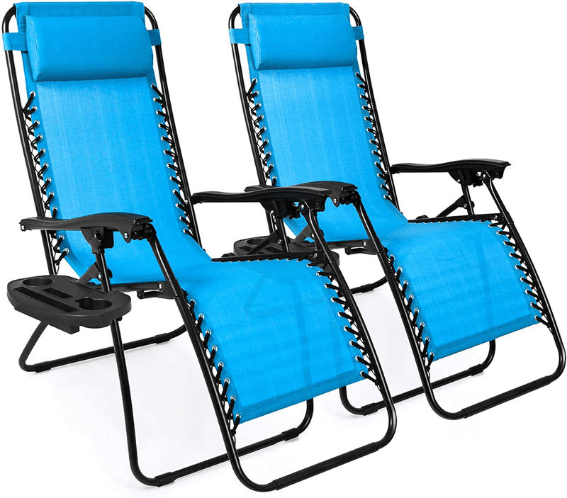 Best Choice Products Set of 2 Adjustable Steel Mesh Zero Gravity Lounge Chair Recliners W/Pillows and Cup Holder Trays, Blue Sporting Goods > Outdoor Recreation > Camping & Hiking > Camp Furniture Best Choice Products Light Blue  