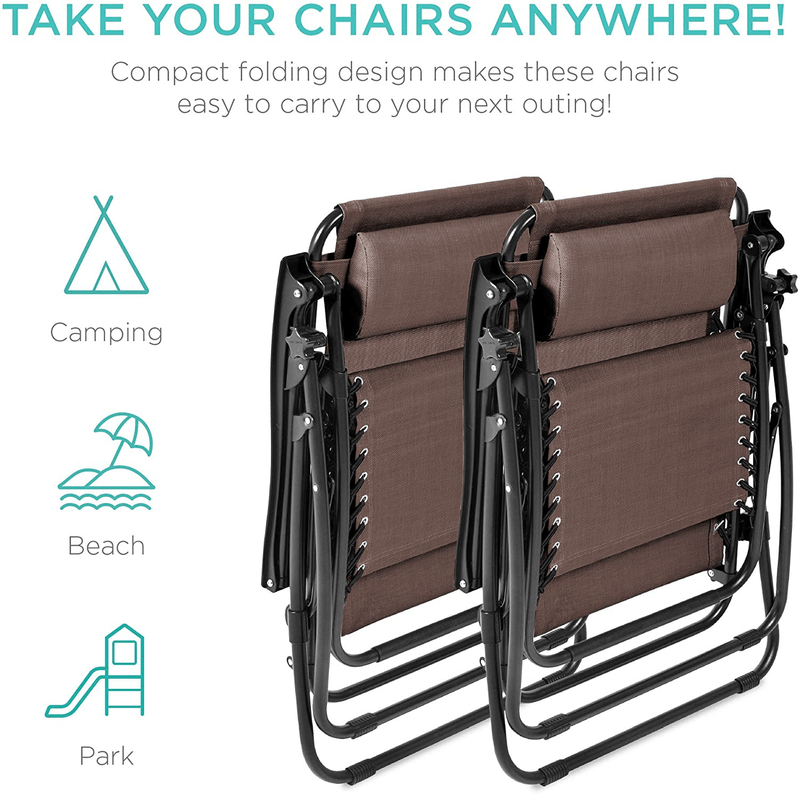 Best Choice Products Set of 2 Adjustable Steel Mesh Zero Gravity Lounge Chair Recliners W/Pillows and Cup Holder Trays, Brown Sporting Goods > Outdoor Recreation > Camping & Hiking > Camp Furniture Best Choice Products   