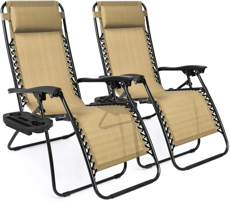 Best Choice Products Set of 2 Adjustable Steel Mesh Zero Gravity Lounge Chair Recliners W/Pillows and Cup Holder Trays, Brown