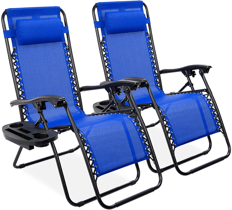Best Choice Products Set of 2 Adjustable Steel Mesh Zero Gravity Lounge Chair Recliners W/Pillows and Cup Holder Trays, Brown