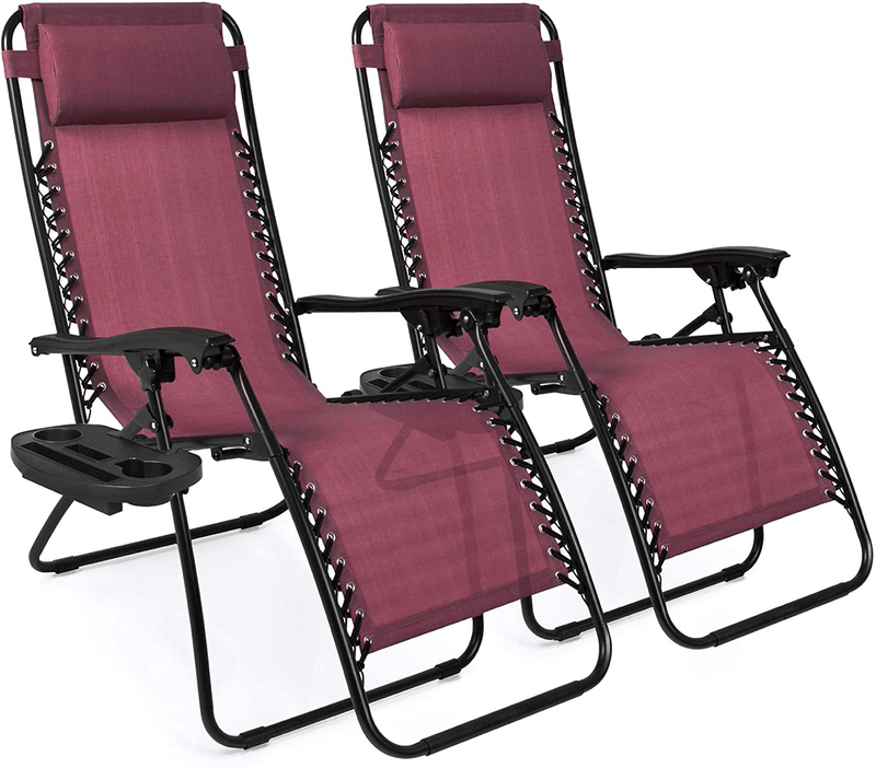 Best Choice Products Set of 2 Adjustable Steel Mesh Zero Gravity Lounge Chair Recliners W/Pillows and Cup Holder Trays - Burgundy Sporting Goods > Outdoor Recreation > Camping & Hiking > Camp Furniture Best Choice Products Burgundy  